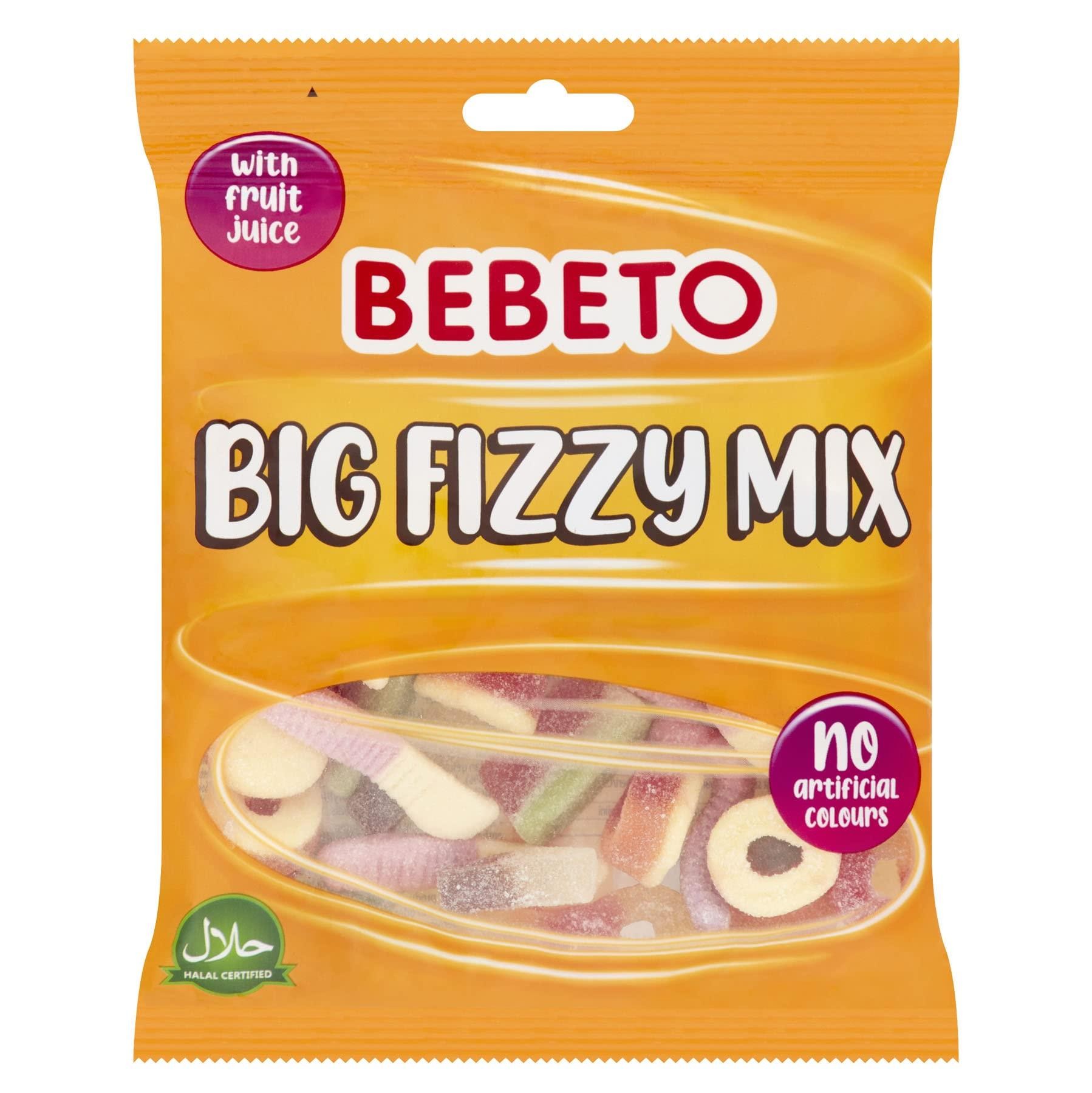 Bebeto Big Fizzy Mix Gummy Sweets, Fizzy Fruity Sweets, Halal Certified Candy, Single Pack
